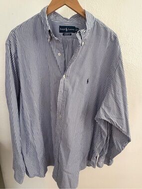 Ralph Lauren Classic Fit Blue White Striped Button Down Shirt Mens 18 34/35 XL